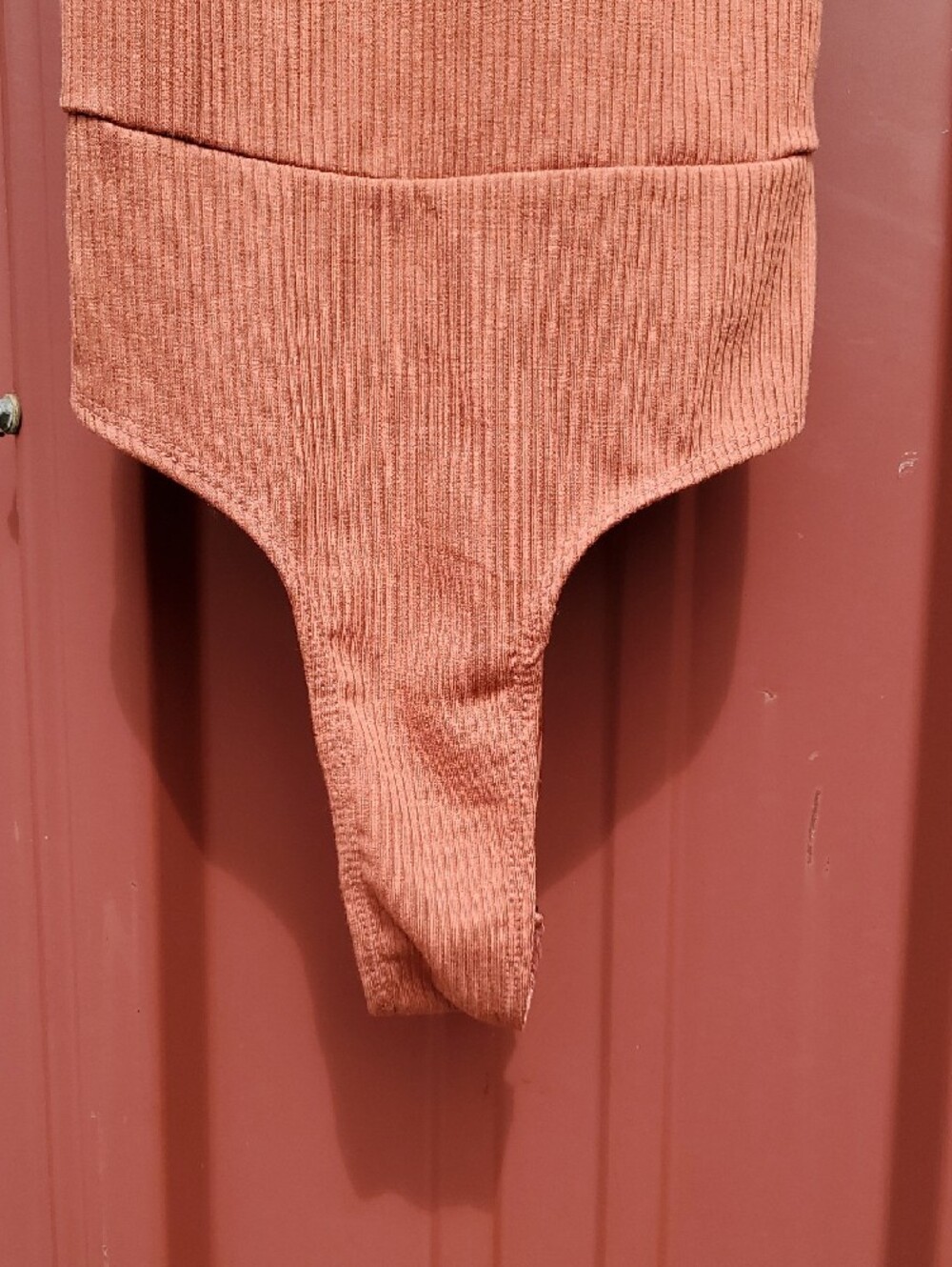 Lulu's XS Rust Ribbed One-Piece Bodysuit with Front Ruching - Picture 6 of 10